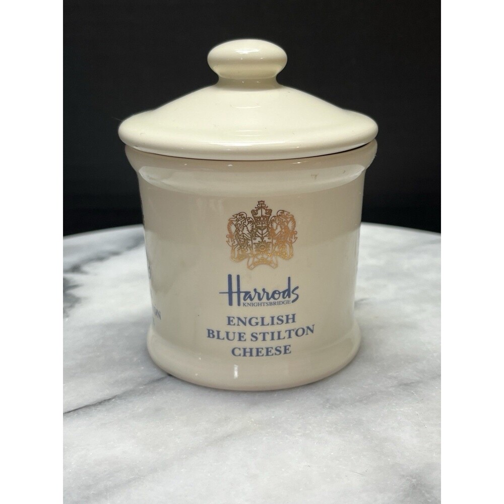Vintage Harrods Knightsbridge English Blue Stilton Cheese Pottery w/Lid READ